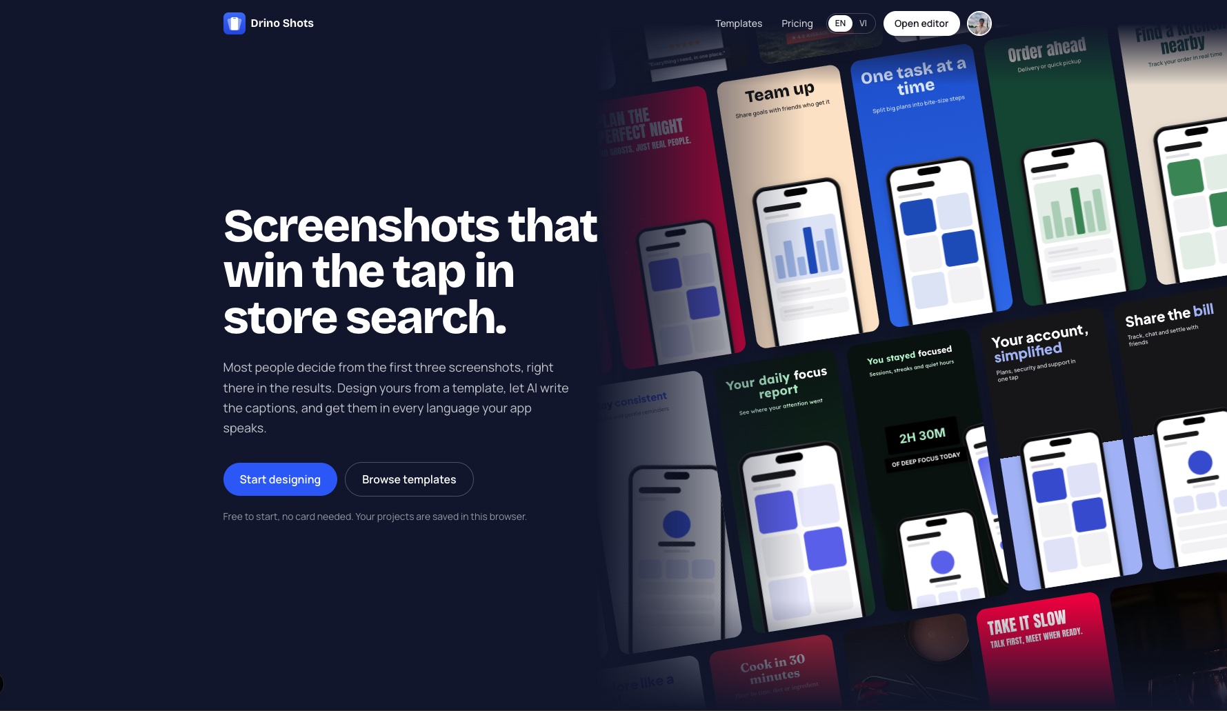 Trang chủ Drino Shots: “Screenshots that win the tap in store search” bên cạnh một bức tường template ảnh screenshot