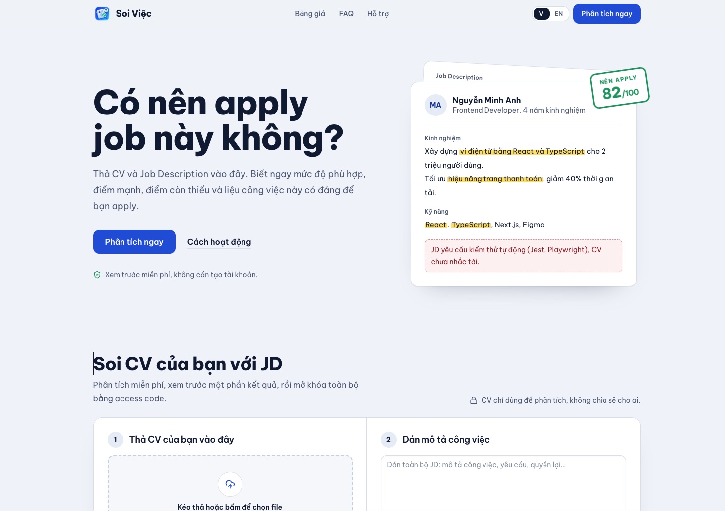 Trang chủ soiviec.com: “Có nên apply job này không?” bên cạnh một CV mẫu được chấm 82/100 so với mô tả công việc